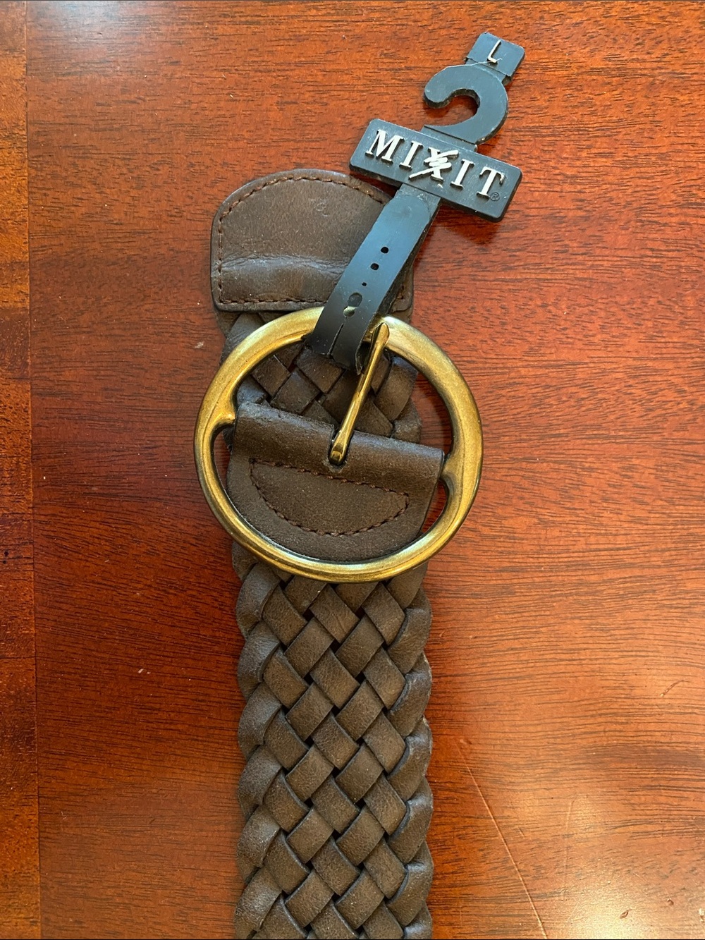 Mixit Braided Dark Brown 2” wide Faux Leather Belt with Brass Ring Buckle